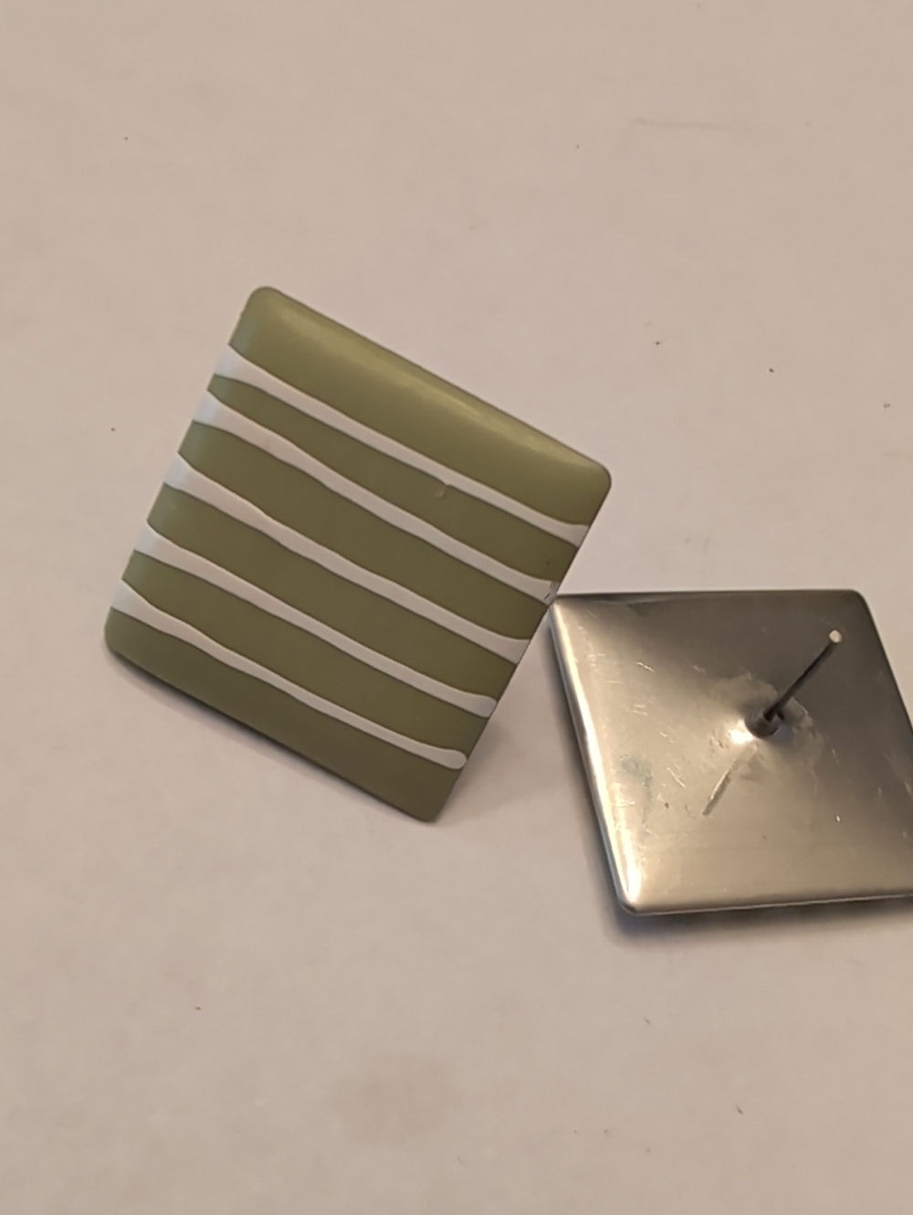 Vintage Square Olive Green & White Stripe Stud Earrings